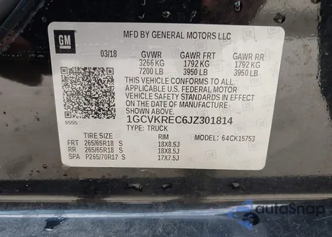 2018 Chevrolet Silverado 1500 2Lt из США, поврежденный, VIN 1GCVKREC6JZ301814